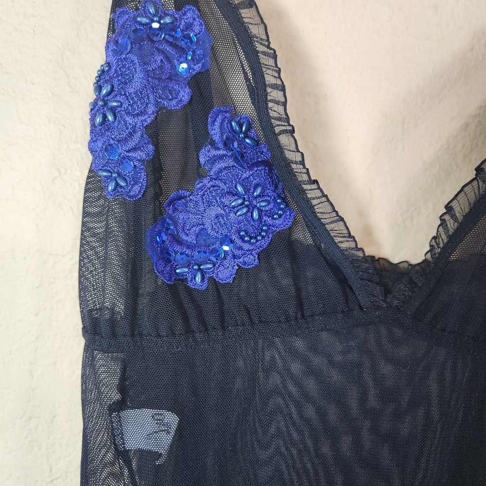 Y2K Sheer Babydoll (S) vintage dress black mesh floral beaded lingerie slim fit - Picture 2 of 9